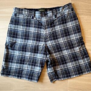 Eddie Bauer Plaid Men's Shorts - Navy and White Cotton Linen Blend